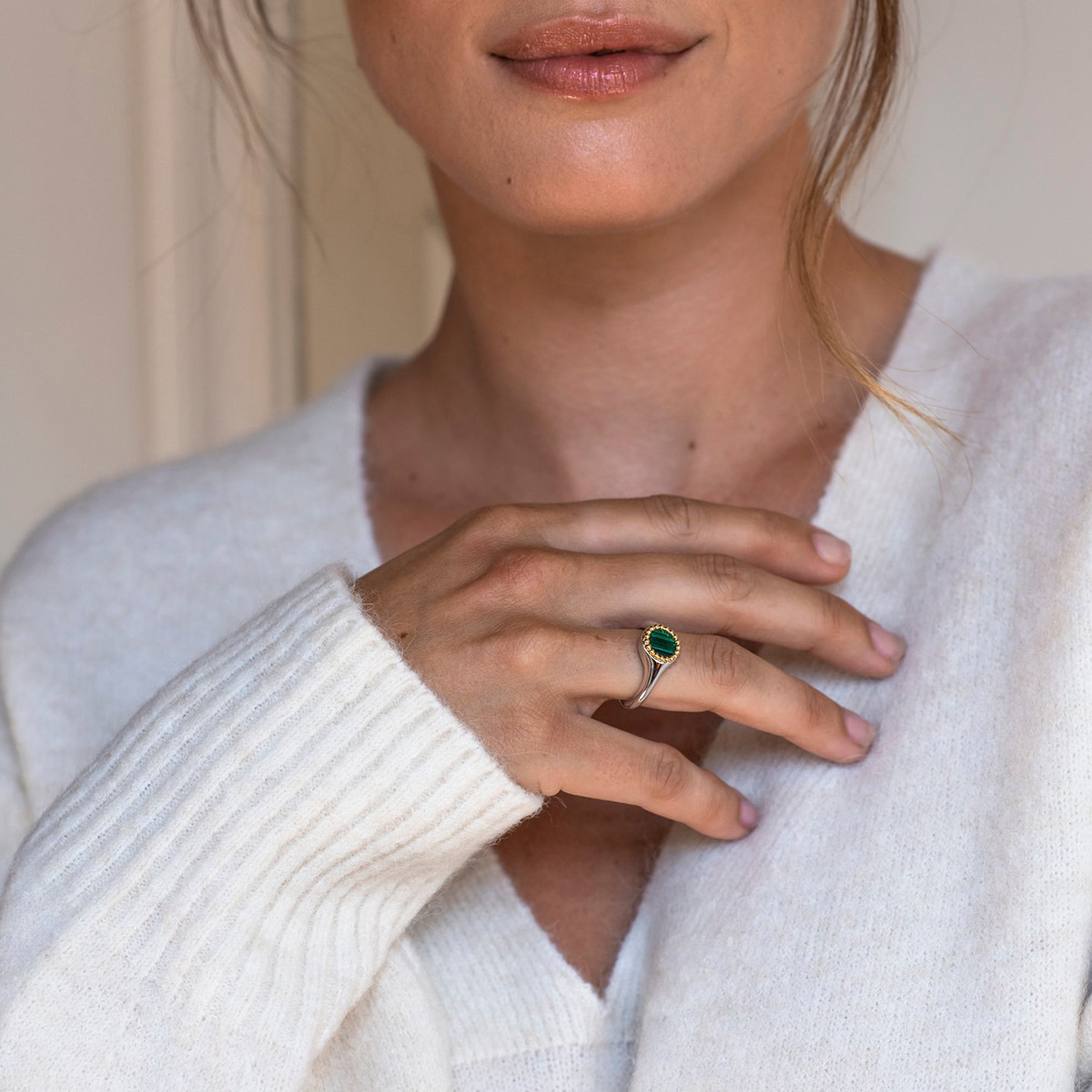 ANILLO SELLO CON MALAQUITA BISELADO