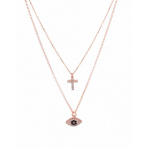 DOUBLE NECKLACE WITH CROSS AND EYE