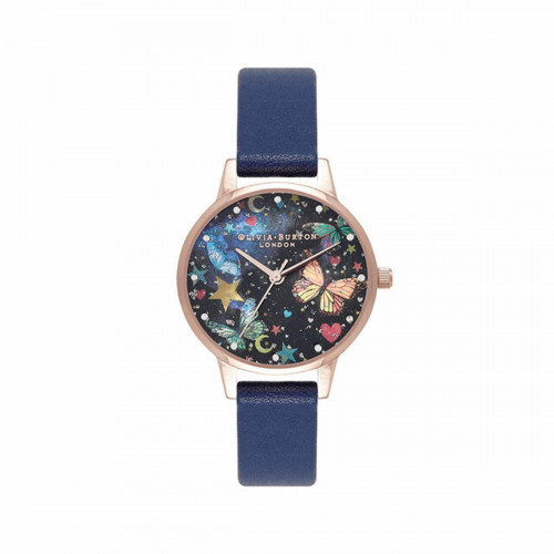 MIDI NIGHT GARDEN BUTTERFLIES NAVY BLUE AND PINK GOLD WATCH