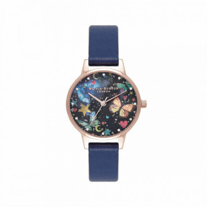 MIDI NIGHT GARDEN BUTTERFLIES NAVY BLUE AND PINK GOLD WATCH