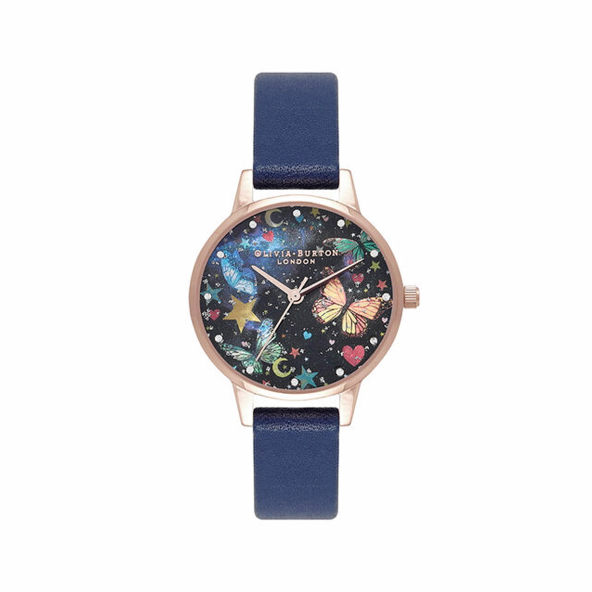 MIDI NIGHT GARDEN BUTTERFLIES NAVY BLUE AND PINK GOLD WATCH