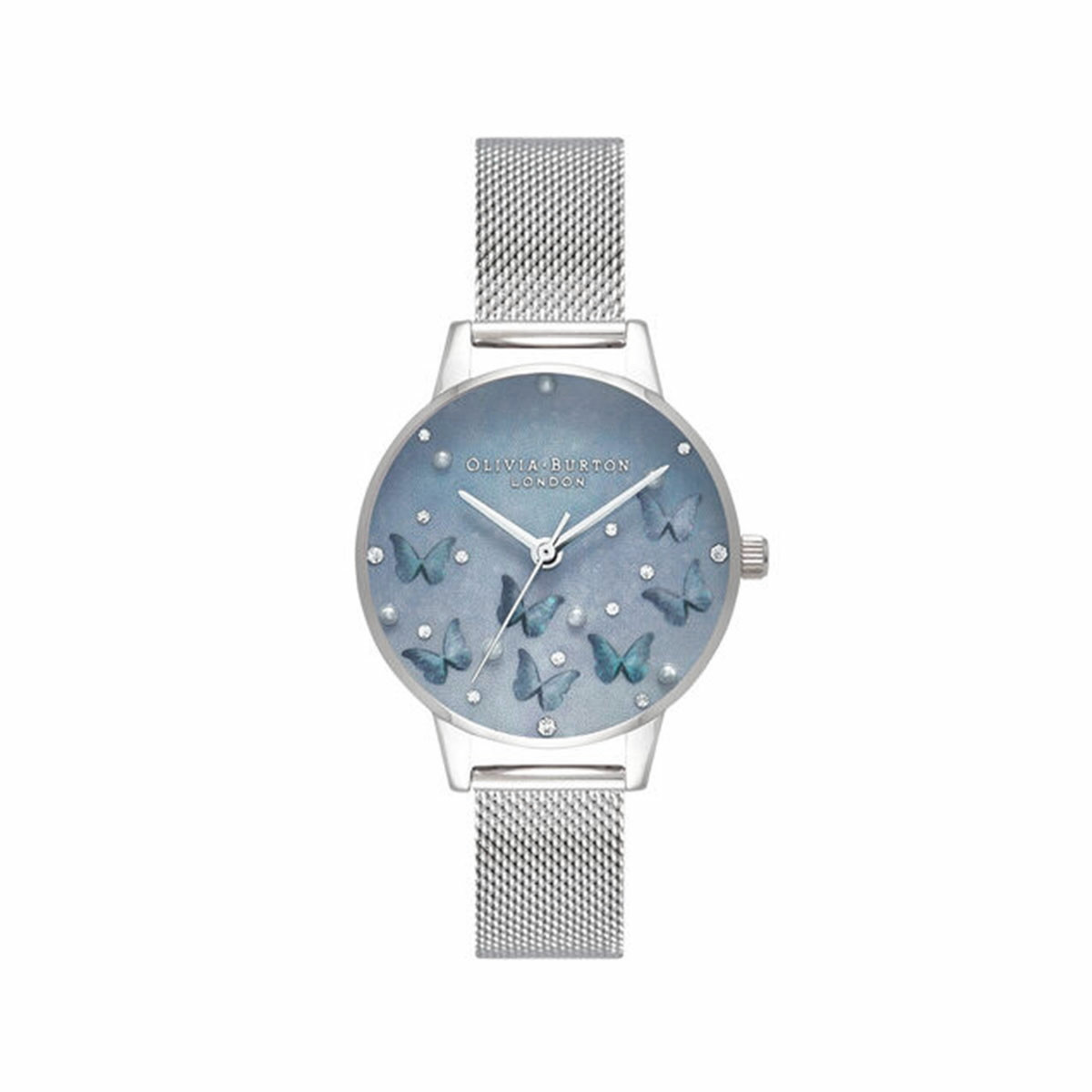 SILVER MESH WATCH WITH PALE BLUE MOTHER-OF-PEARL MIDI DIAL AND SYNTHETIC PEARL