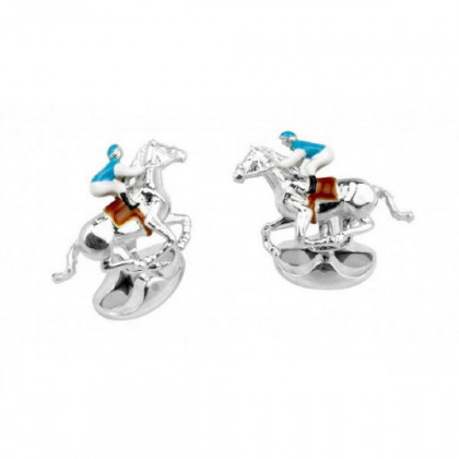 STERLING SILVER BLUE AND BROWN HORSE AND JOCKEY CUFFLINKS C1686S0523
