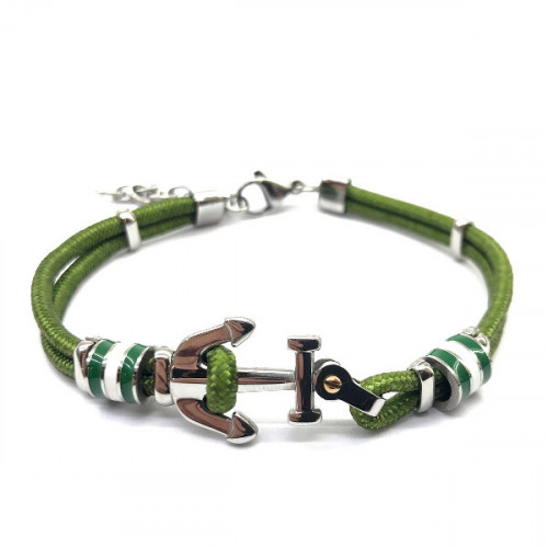 STAINLESS STEEL BRACELET WITH GREEN NYLON AND ANCHOR