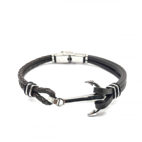 BROWN LEATHER AND ANCHOR BRACELET