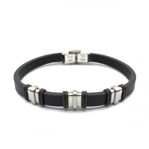 BROWN LEATHER AND STEEL BRACELET