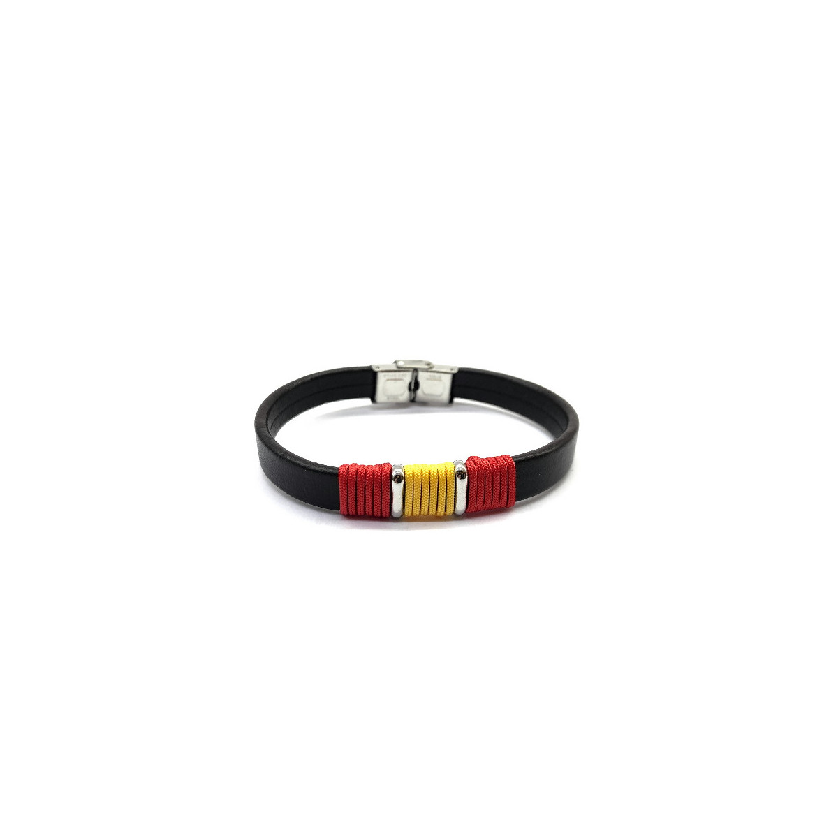 LEATHER BRACELET WITH RED & YELLOW NYLON