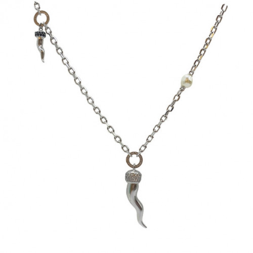 BRONZE NECKLACE WITH PEARL AND LUCKY CHARM. BL2KBB10.