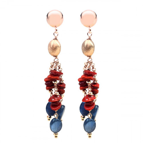 HERA THREE STRAND EARRINGS WITH CORAL AND CYANITE