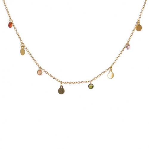CHAIN NECKLACE WITH ROUND PLATES AND MULTICOLOURED CHATONS