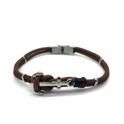 STAINLESS STEEL BRACELET WITH BROWN NYLON AND ANCHOR