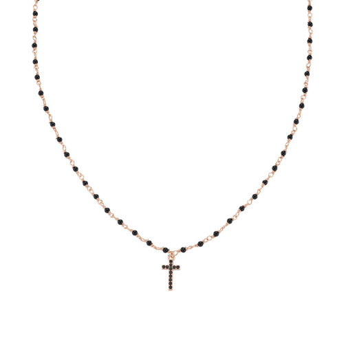 NECKLACE ROSE CROSS ZIRCONIA AND BLACK CRYSTALS