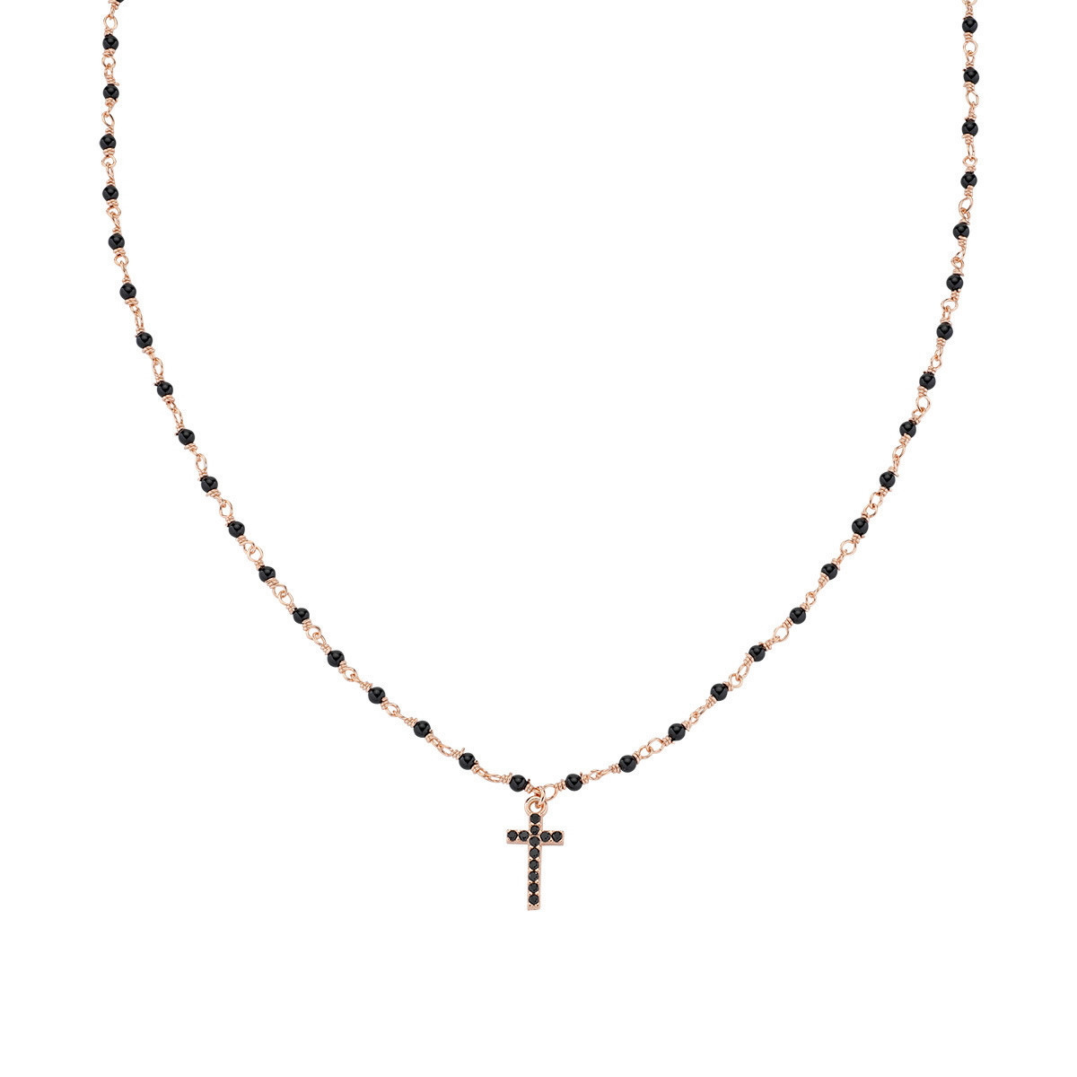 NECKLACE ROSE CROSS ZIRCONIA AND BLACK CRYSTALS