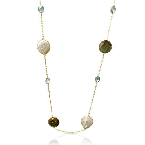 NECKLACE WITH BLUE TOPAZ AND LABRADORITE CULTURED PEARLS