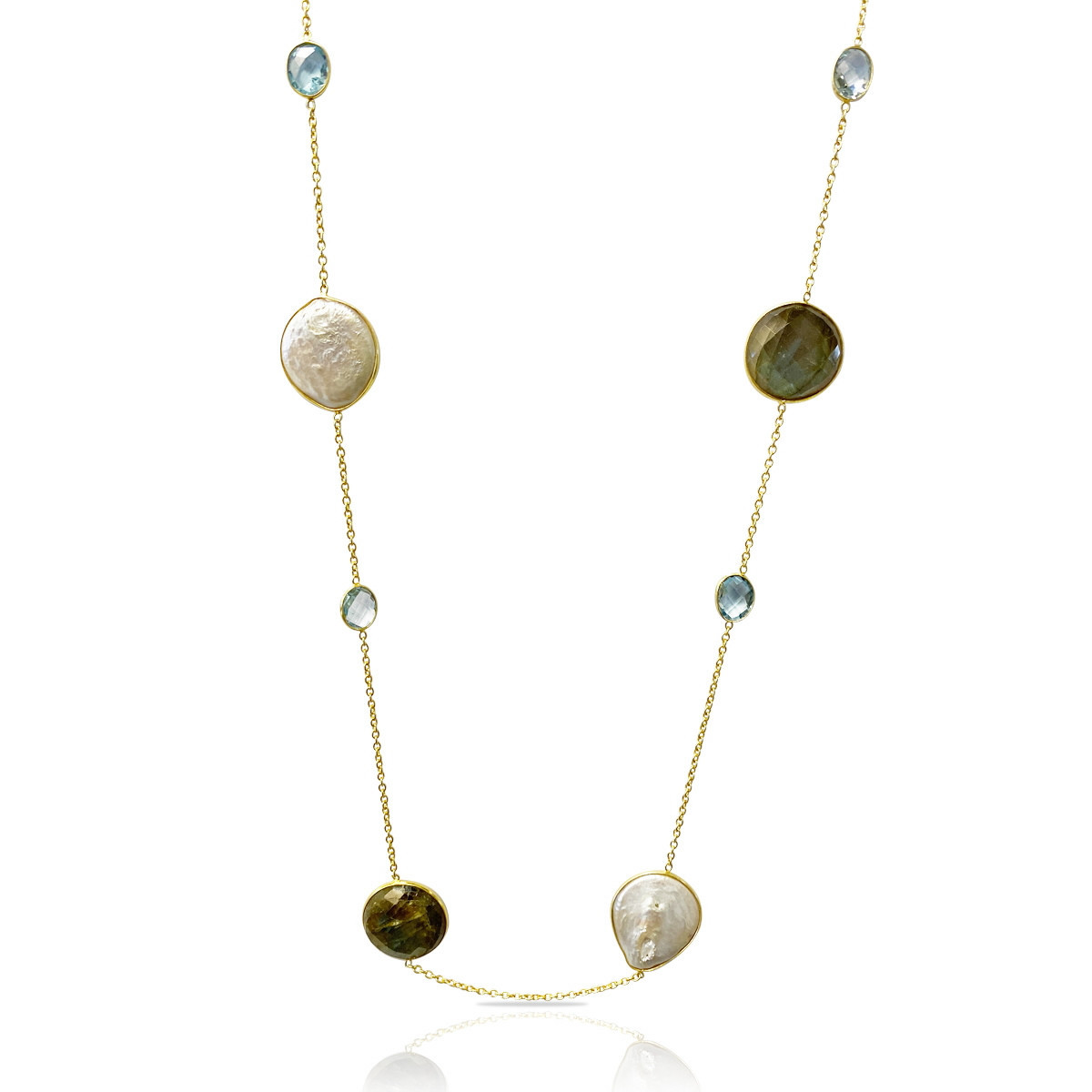 NECKLACE WITH BLUE TOPAZ AND LABRADORITE CULTURED PEARLS