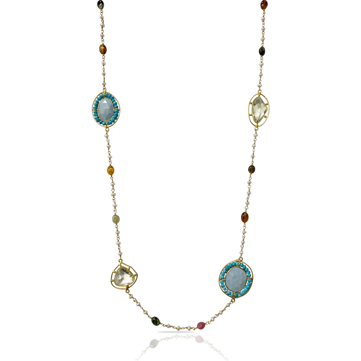 NECKLACE WITH CULTURED PEARLS AND MULTICOLOURED GEMS