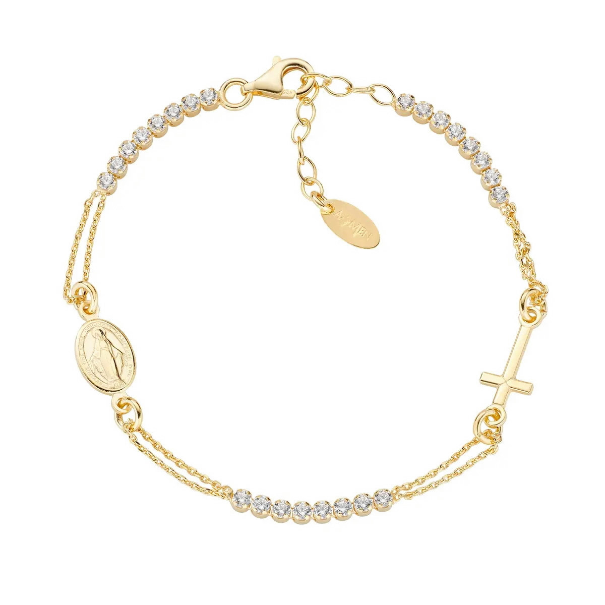 GOLDEN ROSARY STYLE BRACELET WITH WHITE TENNIS
