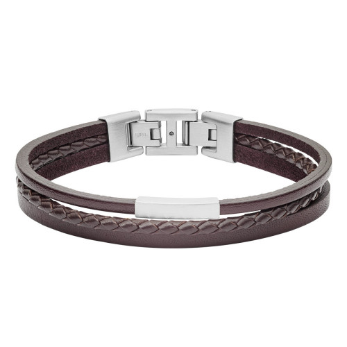 PULSERA MULTIHEBRA DE ACERO EN TONO PLATEADO Y PIEL MARRÓN