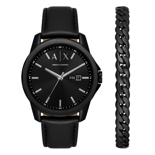 RELOJ DE CUERO NEGRO CON INDICADOR DE FECHA DE TRES MANECILLAS Y BRAZALETE DE ACERO INOXIDABLE NEGRO