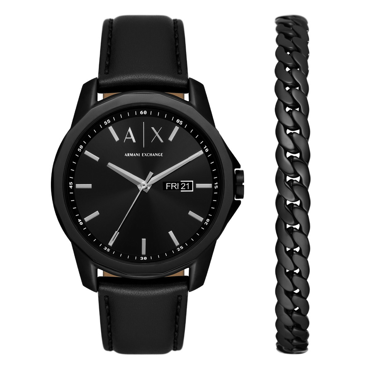RELOJ DE CUERO NEGRO CON INDICADOR DE FECHA DE TRES MANECILLAS Y BRAZALETE DE ACERO INOXIDABLE NEGRO