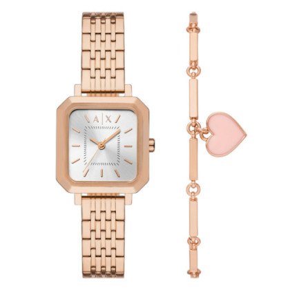 CONJUNTO DE RELOJ Y PULSERA ARMANI EXCHANGE DE ACERO INOXIDABLE CON TRES AGUJAS Y TONO ORO ROSA
