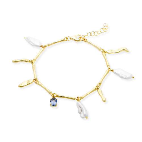 PULSERA DE PLATA CON PERLAS Y GEMA DE COLOR