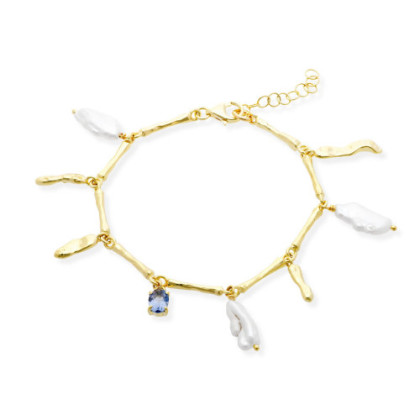 PULSERA DE PLATA CON PERLAS Y GEMA DE COLOR