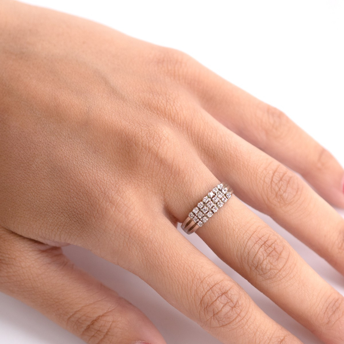 SILVER RING WITH THREE LINES OF ZIRCON