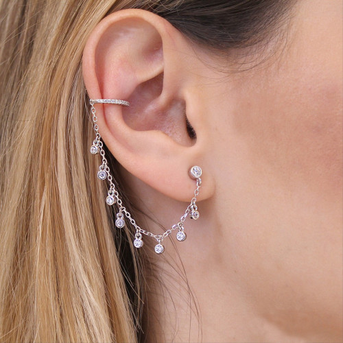 DOUBLE EARRING WITH SILVER CHAIN WITH ZIRCONS